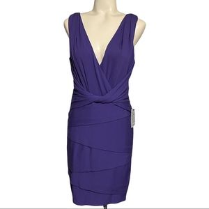 Nicole Miller Artelier Silk Purple sheath bodycon Tiered Stretch Dress Size L